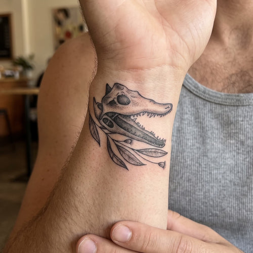 Tatouage ephemere crane de crocodile dessin unique à l'encre de jagua realiste et longue duree