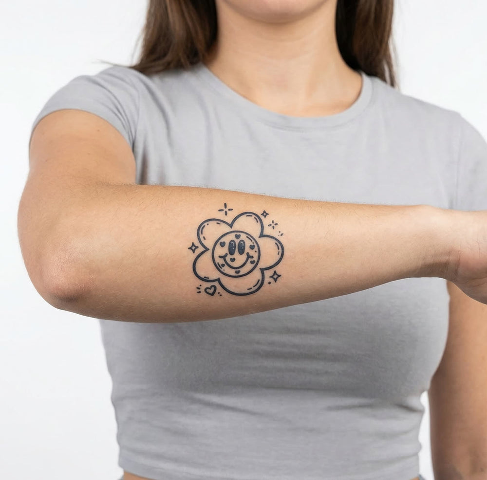 Tatouage smiley avec fleur doodle tattoo ephemere mignon pour femme