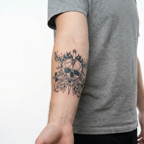 Tatouage homme tete de mort réaliste longue durée