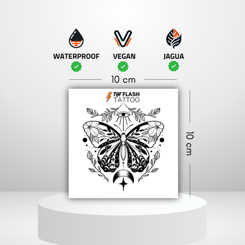 Tatouage papillon spirituel avec lune et fleur